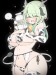  1girl absurdres animal_ears animal_print antlers bell bikini black_background blush bottle breasts ceres_fauna cleavage cow_ears cow_print cow_print_bikini cow_print_gloves cow_print_thighhighs cow_tail cowbell elbow_gloves gloves green_hair hair_over_one_eye heart highres hololive hololive_english horns kuma_no_bansoukou large_breasts looking_at_viewer milk_bottle navel neck_bell open_mouth print_bikini print_gloves print_thighhighs smile solo spoken_heart swimsuit tail thighhighs virtual_youtuber yellow_eyes 