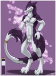  4_toes absurd_res anthro balls barefoot claws ethan_(teckly) fur furryratchet half-closed_eyes happy hi_res looking_at_viewer male muscles no_nipples nude pecs purple_background raised_arm ring sergal sheath smile solo standing toe_claws 