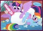 absurd_res bed big_diaper blush blush_lines clean_diaper diaper diaper_fetish duo equid equine female female/female feral friendship_is_magic furniture hasbro hi_res horse levitation lying magic magic_user mammal my_little_pony on_back on_bed pony rainbow_dash_(mlp) sex_toy tenerius twilight_sparkle_(mlp) vibrator wand_vibrator