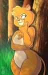  anthro blue_eyes breasts el_arca featureless_breasts felid female grass hi_res justathereptile kairel lion mammal nude pantherine plant solo tail thick_thighs tree wide_hips 