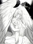  2girls body_fur chimera comforting completely_nude dungeon_meshi elf empty_eyes facing_ahead falin_touden falin_touden_(chimera) feathered_wings greyscale hair_down hand_on_another&#039;s_head highres hug long_hair long_sleeves looking_down marcille_donato monochrome monster_girl multiple_girls nude pajamas pants pointy_ears short_hair sitting smile spoilers toshio_(zxmsry) wings 