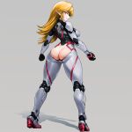  1girl aqua_eyes ass blonde_hair bodysuit breasts closed_mouth elf full_body grey_background highres legs_apart long_hair medium_breasts minamoto80486 original pointy_ears ringed_eyes shadow simple_background smile solo standing white_bodysuit 