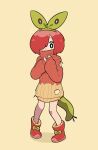  1girl absurdres applin boots commentary covered_mouth doodlelotl dot_nose full_body green_hairband hair_over_one_eye hairband highres personification pokemon red_footwear red_hair red_sweater short_hair simple_background solo sweater symbol-only_commentary tail turtleneck turtleneck_sweater two-tone_sweater yellow_background yellow_sweater 