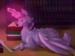  book book_shelf bookshelf canine claws ear_tuft female feral friendship_is_magic fur glowing hair horn kakashischika library lying magic mammal multi-colored_hair my_little_pony purple_eyes purple_fur purple_hair reading signature solo sparkles tuft twilight_sparkle_(mlp) wings wolf 