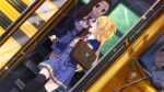  22/7 22/7_ongaku_no_jikan 2girls bag black_thighhighs blonde_hair blue_eyes blue_jacket blue_skirt blurry bow brown_bag brown_hair bus collared_shirt depth_of_field dutch_angle fujima_sakura game_cg hair_ornament highres jacket lens_flare long_hair long_sleeves looking_at_another motor_vehicle multiple_girls non-web_source official_art open_mouth over-kneehighs pleated_skirt purple_eyes red_bow school_bag school_bus school_uniform shirt sidelocks single_hair_ring skirt smile sparkle teeth thighhighs upper_teeth_only white_shirt 