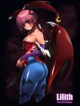  1girl animal_print ass bare_shoulders bat_print bat_wings blue_pantyhose bridal_gauntlets capcom demon_girl flat_chest from_behind head_wings highres kainan leotard lilith_aensland looking_at_viewer low_wings pantyhose print_pantyhose purple_hair red_eyes red_leotard shiny_skin short_hair solo standing vampire_(game) wings 