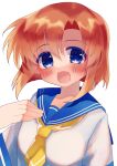  1girl blue_eyes blue_sailor_collar blush highres higurashi_no_naku_koro_ni ibispaint_(medium) looking_at_viewer neckerchief no_nose open_mouth orange_hair ryuuguu_rena sailor_collar school_uniform serafuku short_hair short_sleeves sidelocks simple_background smile solo white_background yasonomugi yellow_neckerchief 