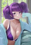  1girl aqua_cardigan bikini bikini_under_clothes blunt_bangs blush breasts cardigan cleavage collarbone diagonal_bangs highres idolmaster idolmaster_shiny_colors indoors large_breasts purple_bikini purple_eyes purple_hair sideways_glance smile solo swimsuit tamura_ten tanaka_mamimi twintails upper_body 