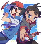  2boys :d antenna_hair ash_ketchum baseball_cap black_hair blue_eyes blue_vest dark-skinned_male dark_skin goh_(pokemon) hat high_collar highres holding holding_poke_ball lower_teeth_only multiple_boys omochi_(omotimotittona3) open_clothes open_mouth open_vest poke_ball poke_ball_(basic) pokemon pokemon_(anime) pokemon_journeys red_eyes rotom rotom_phone short_hair short_sleeves smile teeth upper_teeth_only vest 