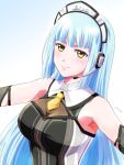  1girl blue_hair blunt_bangs breasts eiyuu_densetsu headset hime_cut kai_no_kiseki large_breasts long_hair looking_at_viewer maid_headdress necktie portrait risette_twinings simple_background sleeveless smile solo upper_body white_background xiacheng_tatsuya yellow_eyes yellow_necktie 