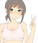  1girl alternate_breast_size armpit_crease bare_arms blush bra breasts brown_hair collarbone condom dot_nose fubuki_(kancolle) green_eyes hand_up holding holding_condom kantai_collection looking_at_viewer low_ponytail medium_breasts medium_hair pink_sports_bra sakieko sidelocks simple_background smile smug solo sports_bra underwear unfinished upper_body white_background 