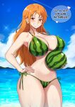  1girl alternate_costume bikini blue_sky blush breasts brown_eyes cleavage cloud cowboy_shot curvy day earrings english_text food_print green_bikini grin hand_on_own_hip highres holding_watermelon huge_breasts jewelry long_hair looking_at_viewer nami_(one_piece) ocean one_piece orange_hair outdoors pearl_earrings print_bikini side-tie_bikini_bottom sky sleeptopi smile solo speech_bubble sunlight swimsuit thick_thighs thighs watermelon_print wide_hips 