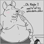  2024 anthro barnem belly big_belly blush clothed clothing dialogue english_text hi_res male mammal moobs murid murine nipples open_clothing open_shirt open_topwear overweight overweight_male rat rodent shirt solo text topwear underwear 