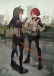  2girls animal_ear_fluff animal_ears arknights black_capelet black_hair black_pantyhose brown_eyes capelet chinese_commentary commentary_request energy_wings exusiai_(arknights) fingerless_gloves gloves hair_over_one_eye halo hand_on_own_hip highres holding holding_sword holding_weapon huanxiang_heitu id_card jacket long_hair long_sleeves looking_at_viewer looking_back multiple_girls open_clothes open_jacket pantyhose raglan_sleeves red_hair short_hair smile standing sword tail texas_(arknights) weapon white_jacket wolf_ears wolf_tail 