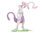  blue_eyes closed_mouth commentary_request floating full_body grass head_wreath highres looking_at_another mew_(pokemon) mewtwo mthchupaca no_humans nostrils pokemon pokemon_(creature) purple_eyes standing translation_request white_background 