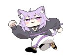  1girl :3 :d absurdres ahoge animal_ear_fluff animal_ears black_jacket blush cat_ears cat_girl cat_tail chibi clenched_hands cocomayo29_(tomato) commentary_request fang full_body highres hololive jacket korean_commentary long_sleeves looking_at_viewer medium_hair nekomata_okayu nekomata_okayu_(1st_costume) pants purple_eyes purple_hair simple_background smile solo tail virtual_youtuber white_background white_pants 