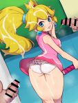  1girl 2boys after_masturbation aqua_eyes ass bar_censor blonde_hair bukkake censored chiwino commission crown cum cum_on_body cum_on_clothes cum_on_hair dress earrings ejaculation from_behind highres jewelry male_masturbation mario_(series) masturbation multiple_boys panties parted_lips penis pink_dress pixiv_commission ponytail princess_peach racket short_dress sphere_earrings tennis_racket underwear white_panties 