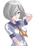  1girl 30-06 blue_eyes breasts grey_hair grey_sailor_collar hair_over_one_eye hamakaze_(kancolle) highres kantai_collection medium_breasts neckerchief sailor_collar school_uniform serafuku shirt short_hair short_sleeves simple_background solo upper_body white_background white_shirt yellow_neckerchief 