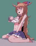 1girl barefoot blush bow bowtie brown_eyes brown_horns commentary cookie_(touhou) flat_chest full_body green_background hair_bow highres horn_bow horn_ornament horns ibuki_suika long_hair looking_at_viewer medium_bangs miniskirt navel open_mouth orange_hair purple_bow red_bow red_bowtie rikadai seiza shirt simple_background sitting skirt sleeveless sleeveless_shirt smile solo teeth touhou upper_teeth_only very_long_hair white_shirt yamin_(cookie) 