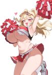  1girl :d absurdres armpits arms_up belt blonde_hair blush breasts buff_bard cheering cheerleader clay_(nikke) crop_top crop_top_overhang curvy goddess_of_victory:_nikke heart highleg highleg_panties highres holding holding_pom_poms huge_breasts jumping looking_at_viewer midair midriff miniskirt navel open_mouth panties pantyshot pink_eyes pleated_skirt pom_pom_(cheerleading) red_skirt shoes side-tie_panties simple_background skirt sleeveless smile sneakers solo string_panties sweat thighs two_side_up underboob underwear visor_cap whistle whistle_around_neck white_background white_panties 