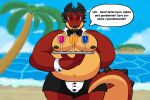 anthro beach belly beverage blush bottomwear butler clothing dragon hair hi_res horn javi_(lettucelechuga) lettucelechuga looking_at_viewer male moobs mythological_creature mythological_scalie mythology nipples open_mouth overweight overweight_anthro overweight_male scalie shirtless shorts shy slightly_chubby slightly_chubby_male smile solo tail text