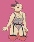  anthro bovid breasts caprine clothed clothing female genitals goat hi_res kneeling mammal nipples pink_background pussy simple_background solo videonastyz 