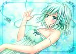  bad_id bad_pixiv_id bangs bare_arms bare_shoulders beamed_eighth_notes blush collarbone digital_media_player dress eyebrows_visible_through_hair green_eyes green_hair headphones highres listening_to_music musical_note nakamura_sumikage nightgown original short_hair sleeveless sleeveless_dress smile solo strap_slip 