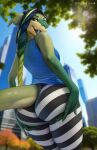 ambiguous_gender anthro butt clothed clothing fully_clothed green_body hair hi_res joyce_(totesfleisch8) leggings legwear long_hair presenting presenting_hindquarters rear_view reptile scalie solo tail totesfleisch8