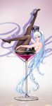  1girl animal_ears artist_name bare_shoulders black_hairband black_leotard black_pantyhose blue_hair blue_nails breasts cocktail_glass cup drinking_glass fake_animal_ears full_body hair_between_eyes hairband highres leg_up leotard liquid_hair liu_liaoliao long_hair looking_at_viewer multicolored_hair no_shoes original pantyhose parted_lips playboy_bunny rabbit_ears red_eyes sideboob white_hair white_wrist_cuffs wrist_cuffs yile_(liu_liaoliao) 