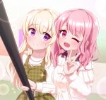  2girls ;d absurdres bang_dream! bare_shoulders blonde_hair blush closed_mouth commentary_request dress green_dress hair_between_eyes hand_up highres holding houndstooth long_hair long_sleeves maruyama_aya multiple_girls off-shoulder_sweater off_shoulder one_eye_closed pink_hair print_dress puffy_long_sleeves puffy_sleeves purple_eyes selfie selfie_stick shirasagi_chisato sleeveless sleeveless_dress smile sweat sweater turtleneck turtleneck_sweater v very_long_hair white_sweater yuya090602 