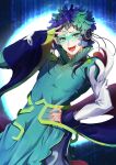  1other absurdres androgynous dress facepaint facial_mark feathers forehead_mark gnosia green_eyes green_hair highres long_hair long_sleeves looking_at_viewer makeup multicolored_hair other_focus raqio simple_background solo streaked_hair tattoo user_fecf7358 