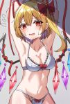  1girl @_@ absurdres armpits arms_behind_head arms_up blonde_hair bow bow_bra bow_panties bra breasts cleavage commentary crystal fang flandre_scarlet flying_sweatdrops grey_background grey_bra grey_panties hair_bow highres kiui_(dagk8254) lace-trimmed_bra lace_trim looking_at_viewer medium_breasts medium_hair navel no_headwear open_mouth panties red_bow red_eyes skin_fang solo standing sweatdrop touhou underwear underwear_only wings 
