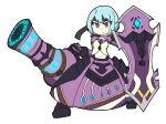  1girl alternate_costume beruka_(fire_emblem) black_hairband blue_hair demensionalrobo fire_emblem fire_emblem_engage fire_emblem_fates full_body hairband highres holding holding_cannon holding_shield light_blue_hair looking_at_viewer purple_eyes shield solo white_background 