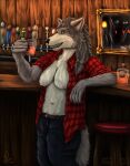 absurd_res alcohol anthro bar beer_tap beverage bottle bottomwear breasts canid canine canis clothed clothing container crossgender cup denim denim_bottomwear denim_clothing drinking_glass exhibitionism exposed_breasts female flannel fur furniture glass glass_container glass_cup green_eyes grey_body grey_fur grin hi_res jeans lumberjack mammal mirror nipples open_clothing open_shirt open_topwear pants public public_exposure shirt smile solo standing stool_(chair) table topwear wall_(structure) warm_lighting whiskey whiskey_glass wolf wood wood_wall yenoc yenocwolf