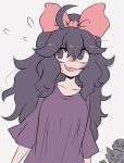  1girl @_@ ahoge alternate_breast_size bow bow_hairband cosplay dress flying_sweatdrops gastly grey_background grey_hair hair_between_eyes hair_bow hairband haunter hex_maniac_(pokemon) highres kiki_(majo_no_takkyuubin) kiki_(majo_no_takkyuubin)_(cosplay) kurachi_mizuki long_hair majo_no_takkyuubin nervous pokemon pokemon_(creature) pokemon_xy purple_dress purple_eyes simple_background 