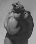 2023 anthro bear belly big_belly body_hair chubby-shark closed_smile clothed clothing digital_media_(artwork) digital_painting_(artwork) eyebrows featureless_crotch fur grey_background greyscale happy_trail jacket looking_at_viewer male mammal monochrome moobs mostly_nude mouth_closed musclegut muscular muscular_anthro muscular_male navel nipple_piercing nipples open_clothing open_jacket open_topwear oscar_(sloth) overweight overweight_anthro overweight_male piercing plaid_jacket portrait ruff shaded simple_background smile snout soft_shading solo standing thick_thighs three-quarter_portrait three-quarter_view topwear