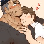  2boys :&lt; =_= bara beard_stubble blank_eyes blue_hair blush cross_scar dark-skinned_male dark_skin eyebrow_stubble facial_hair from_side hairy hand_on_another&#039;s_chest highres large_pectorals live_a_hero loving_aura male_focus male_protagonist_(live_a_hero) mature_male multicolored_hair multiple_boys muscular muscular_male nervous_sweating pectoral_cleavage pectorals saruhiko_(mtmnkmn) scar scar_on_cheek scar_on_face scar_on_forehead shirt short_hair shy sideburns_stubble size_difference sparse_arm_hair sparse_chest_hair sparse_stubble stubble sweat t-shirt tank_top thick_eyebrows thick_neck tusks two-tone_hair undercut yaoi yoshiori_(live_a_hero) 