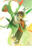  1boy backpack bag bracelet brendan_(pokemon) brown_hair dated green_bag hat jewelry lanter_qwq looking_at_viewer male_focus mega_pokemon mega_sceptile mega_stone pokemon pokemon_(creature) pokemon_oras red_shirt sceptile shirt short_hair short_sleeves smile teeth white_hat 