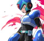  1boy armor blue_armor blue_helmet blurry blurry_background cape cowboy_shot forehead_jewel green_eyes helmet highres holographic_clothing kakikuyeko3181 male_focus mega_man_(series) mega_man_x:_command_mission mega_man_x_(series) new_armor_x_(mega_man) red_cape solo white_background x_(mega_man) 