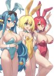  3girls absurdres animal_ears arukiru bare_legs blonde_hair blue_eyes blue_hair blue_leotard breasts cleavage fake_animal_ears flower_knight_girl geranium_(flower_knight_girl) green_eyes highres isogiku_(flower_knight_girl) katabami_(flower_knight_girl) large_breasts leotard long_hair multiple_girls oppai_loli playboy_bunny rabbit_ears red_leotard short_hair small_breasts standing yellow_eyes yellow_leotard 