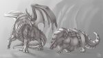  2022 2_horns 4_horns absurd_res ambiguous_gender anthro belly big_belly biglovealicia black_and_white claws detailed_background dragon duo fangs feral fingers_claws hi_res horn huge_belly membrane_(anatomy) membranous_wings monochrome multi_horn mythological_creature mythological_scalie mythology overweight overweight_feral scales scalie signature spikes spikes_(anatomy) tail teeth thick_arms thick_neck thick_thighs toe_claws wings 