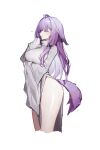  1girl animal_ears blush breasts closed_eyes cowboy_shot fox_ears fox_girl fox_tail from_side hair_between_eyes heart highres league_of_legends long_hair medium_breasts ness_(pjw0168) parted_lips purple_hair sett&#039;s_mother_(league_of_legends) sidelocks simple_background sketch smile solo standing tail thighs white_background wide_sleeves 