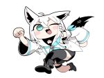  1girl :3 :d absurdres ahoge animal_ear_fluff animal_ears aqua_eyes aqua_neckerchief black_thighhighs blush braid chibi clenched_hands cocomayo29_(tomato) commentary_request crossed_bangs detached_sleeves fang fox_ears fox_girl fox_tail full_body hair_between_eyes highres hololive korean_commentary long_hair long_sleeves looking_at_viewer neckerchief one_eye_closed shirakami_fubuki shirakami_fubuki_(1st_costume) side_braid simple_background single_thighhigh smile solo tail thighhighs virtual_youtuber white_background white_hair 