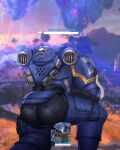  1boy adeptus_astartes armor ass ass_focus back blue_armor english_commentary full_armor gameplay_mechanics goddess_of_victory:_nikke gun health_bar holding holding_bolter holding_gun holding_weapon huge_ass jetpack kneeling lmgart male_focus mask meme nikke&#039;s_shooting_pose_(meme) parody power_armor shoulder_armor skull_mask solo ultramarines warhammer_40k weapon 