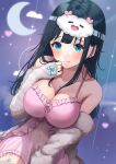  1girl amano_nene_(vtuber) amano_nene_(vtuber)_(pajama) aqua_eyes black_hair bloomers blush breasts character_mask cleavage cloudtomo_(amano_nene) crescent dutch_angle embarrassed frilled_nightgown fur_jacket garter_straps hand_up highres jacket lace-trimmed_thighhighs large_breasts long_hair looking_at_viewer mask mask_on_head messy_hair nightgown official_alternate_costume official_alternate_hairstyle open_clothes open_jacket parted_hair pink_bloomers pink_nightgown production_kawaii see-through shima_koushi sky sleep_mask sleepwear solo star_(sky) starry_sky thighhighs upper_body virtual_youtuber white_garter_straps white_jacket 