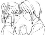  blush bow couple fushigi_yuugi greyscale hair_bun holding_hands mole mole_under_eye monochrome nuriko_(fushigi_yuugi) profile ribbon short_hair sketch smile yuuki_miaka yuzuki_kaoru 