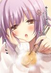  1girl :o blush chopsticks commentary_request fummy hair_flaps holding holding_chopsticks idolmaster idolmaster_cinderella_girls incoming_food koshimizu_sachiko long_sleeves looking_at_viewer purple_hair radish solo steam sweater translation_request upper_body white_sweater 