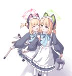  2girls animal_ear_headphones animal_ears apron blonde_hair blue_archive blush broom bucket cat_ear_headphones cat_tail closed_eyes dress fake_animal_ears fake_tail frilled_apron frilled_dress frills green_eyes halo headphones highres holding holding_broom holding_bucket long_sleeves maid_headdress midori_(blue_archive) midori_(maid)_(blue_archive) momoi_(blue_archive) momoi_(maid)_(blue_archive) mugisepa multiple_girls neck_ribbon open_mouth pantyhose ponytail ribbon siblings sisters smile tail twins water 