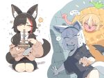  3girls :3 :d absurdres ahoge animal_ear_fluff animal_ears black_hair black_panties black_shirt black_skirt blonde_hair blush braid brown_cardigan cardigan chestnut_mouth chopsticks closed_eyes cocomayo29_(tomato) commentary_request constricted_pupils crossed_bangs eating food fox_ears fox_girl fox_tail hair_between_eyes hand_on_wall highres holding holding_chopsticks hololive korean_text long_sleeves multicolored_hair multiple_girls noodles ookami_mio ookami_mio_(street) open_cardigan open_clothes panties pineapple_costume pointy_ears red_hair seiza shirakami_fubuki shirakami_fubuki_(loungewear) shiranui_flare shirt side_braid sitting skirt smile streaked_hair swept_bangs tail translation_request udon underwear virtual_youtuber white_background white_hair wolf_ears wolf_girl 