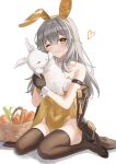  absurdres animal_ears bare_shoulders black_gloves carrot gloves grey_hair highres k2_(kazu1030) one_eye_closed rabbit rabbit_ears rabbit_girl smile stelle_(honkai:_star_rail) trailblazer_(honkai:_star_rail) yellow_eyes 